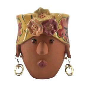 Vtg Whimsical Bird Brain 2005 Terra Cotta Lady Turban Planter Pot Head Yellow